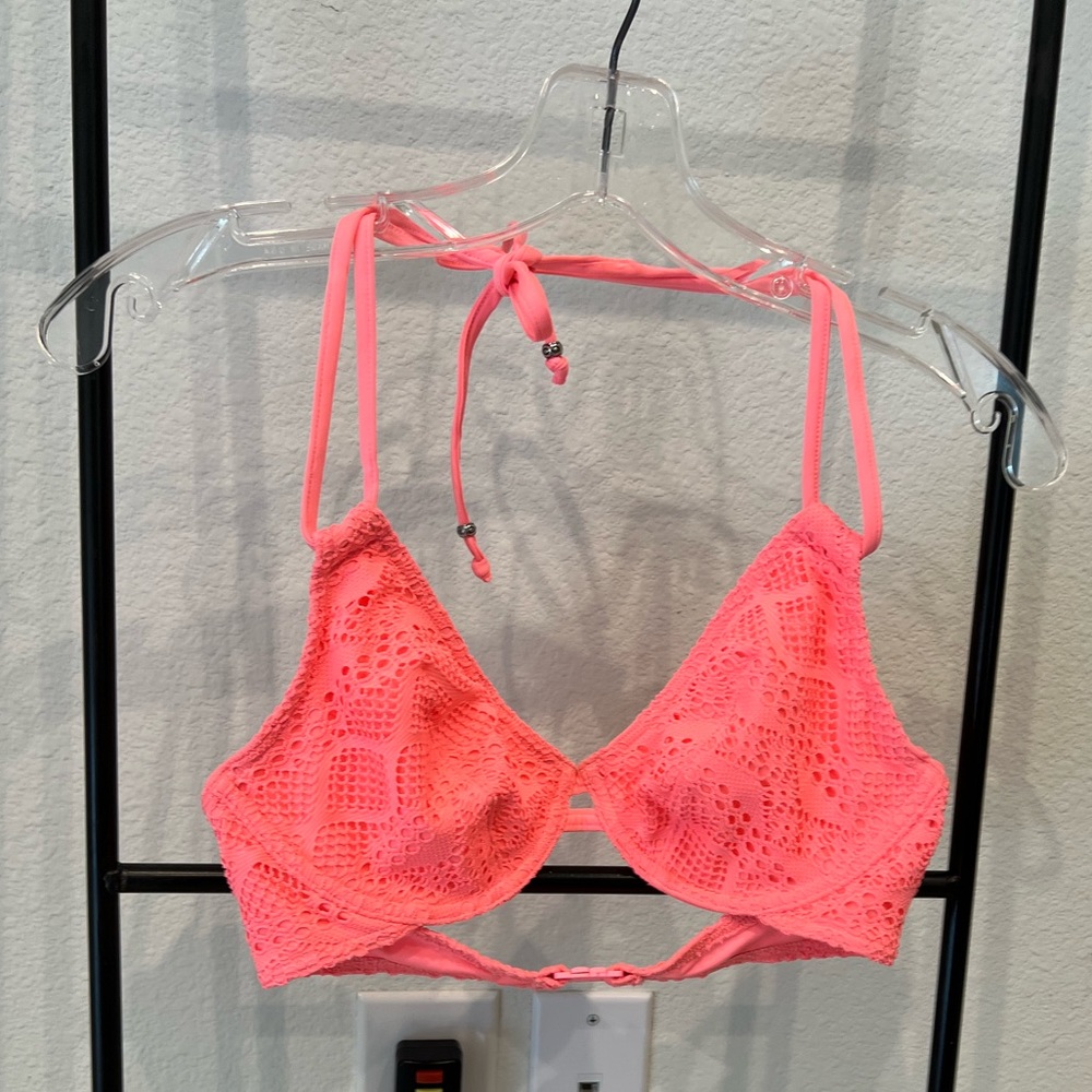 Bright coral lace underwire bikini top - 32C